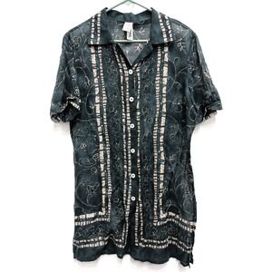 Gideon Oberson BOHO Tunic Top Womens Medium ‎ Blue Batik Floral Sheer Button Up